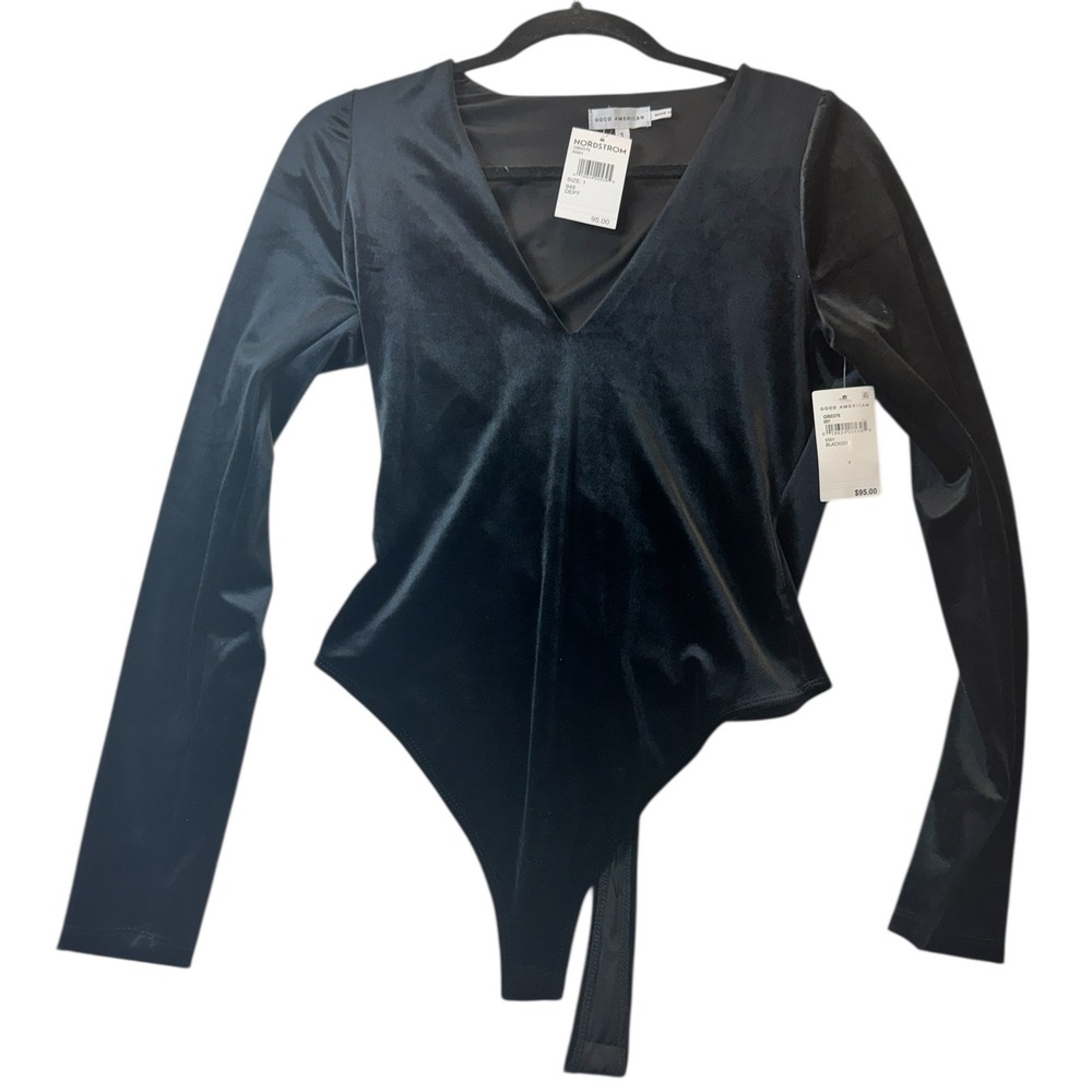 Good American Velvet Bodysuit Long Sleeve V Neck Black Size 1 Small Glam Modern